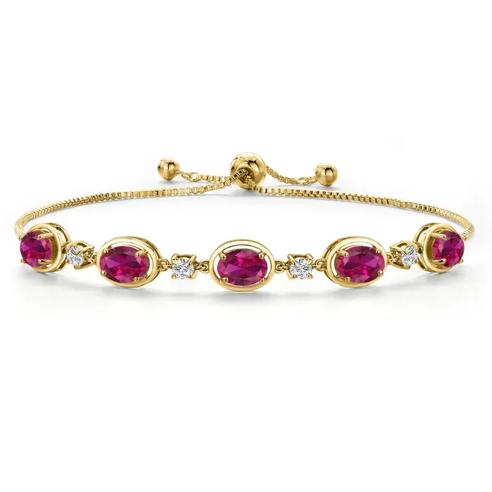 18K Yellow Gold Plated Silver Red Created Ruby and Lab Grown Diamond Bracelet For Women | 4.65 Cttw | Gemstone July Birthstone | Oval 7X5MM | Fully Adjustable 9 Inch