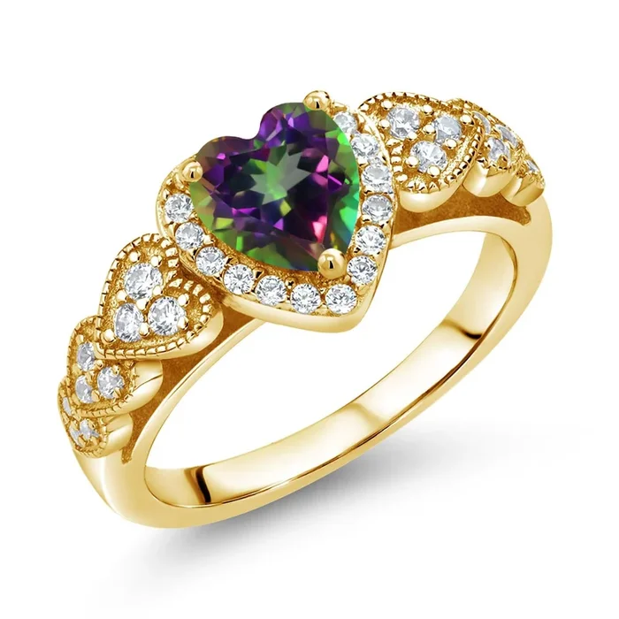 18K Yellow Gold Plated Silver Ring Heart Shape Mystic Topaz and Moissanite (1.13 Cttw)