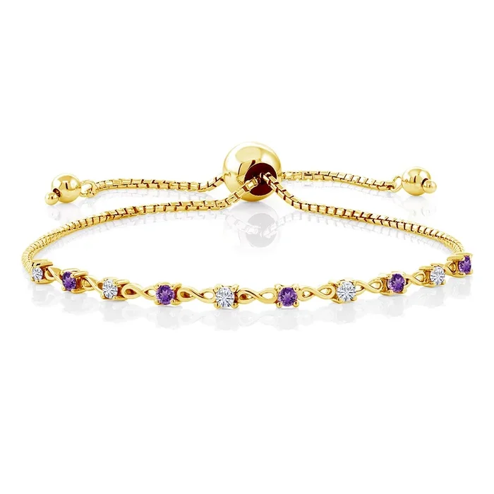 18K Yellow Gold Plated Silver White Moissanite and Gemstone Birthstone Infinity Tennis Bracelet For Women | Round 2.5MM | Adjustable Bolo Bracelet Up to 9 Inch | Easy-On Easy-Off