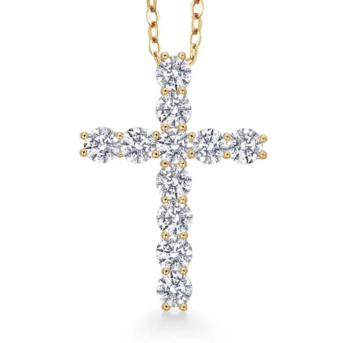 18K Yellow Gold Plated Silver White Round Moissanite Cross Pendant Necklace 1.76 Cttw, with 18 Inch Silver Chain, 1 Inch