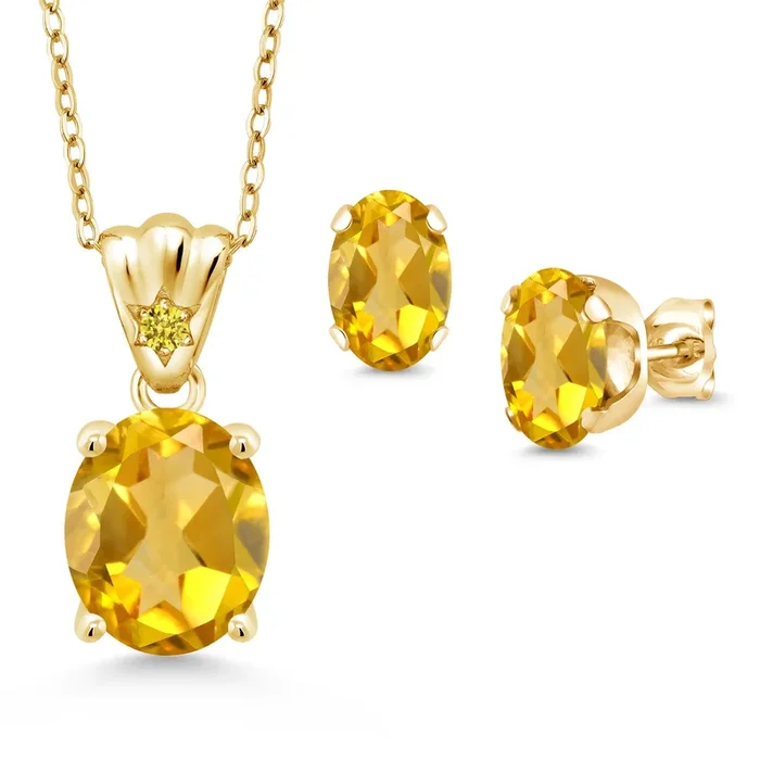 18K Yellow Gold Plated Silver Yellow Citrine and Golden Yellow Zirconia Pendant and Earrings Jewelry Set For Women (5.83 Cttw, Gemstone Birthstone, Oval 11X9MM and 8X6MM with 18 Inch Silver Chain)