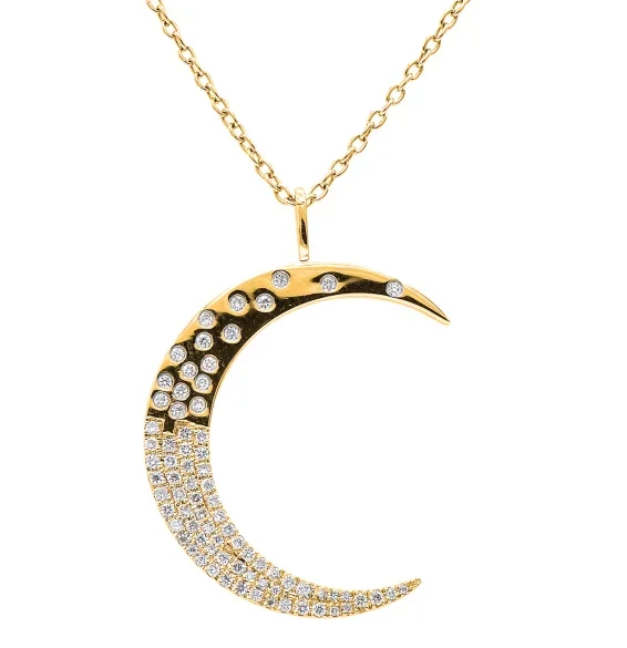 18K Yellow Gold Round Shape Diamonds Crescent Moon Pendant (.23ctw)