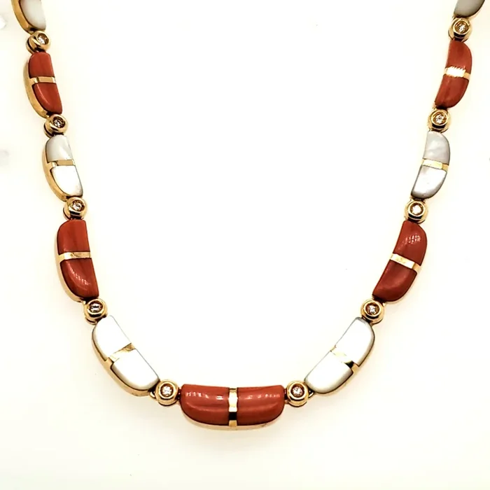 18kt Yellow Gold Coral Mother of Pearl and Diamond Necklace