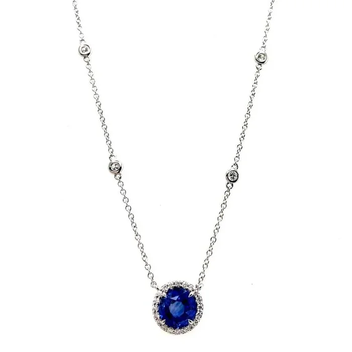 18KWG 18″ 3.02 SAP, 0.62CT DIA HALO PENDANT