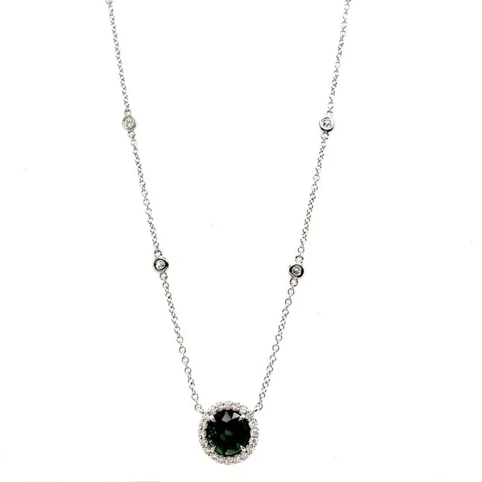 18KWG 2.50 GRN SAP, 0.62CT DIA HALO PENDANT