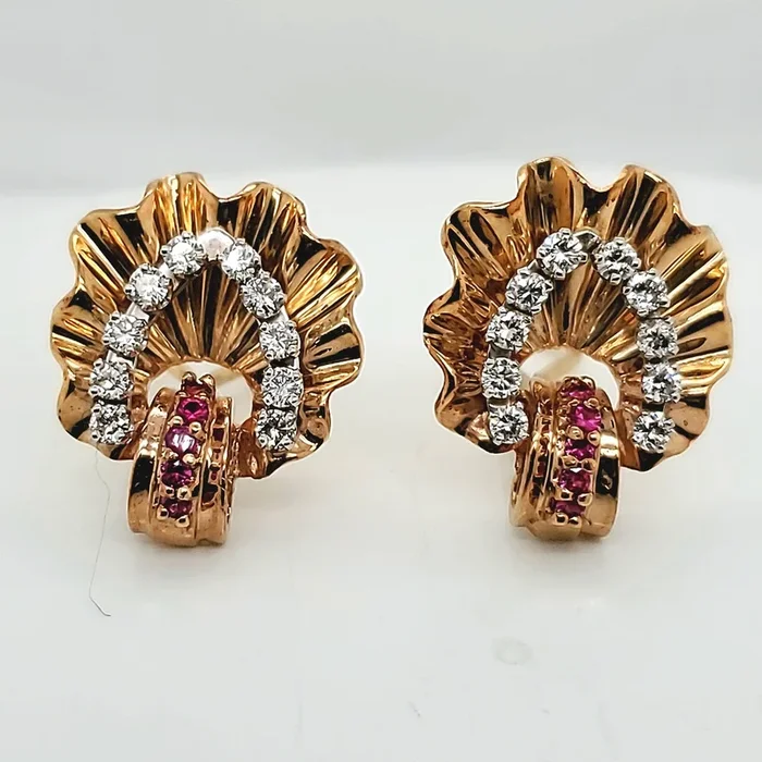 1940S Retro 14kt Rose Gold Diamond & Ruby Earrings