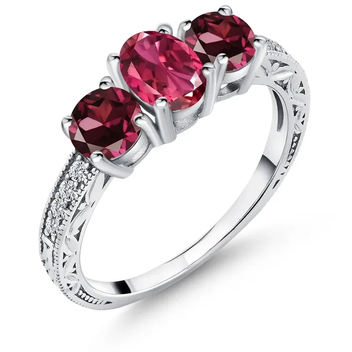 2.25 Cttw Pink Tourmaline and Red Rhodolite Garnet Ring For Women | 925 Sterling Silver | Oval 7X5MM and Round 5MM | Gemstone Birthstone