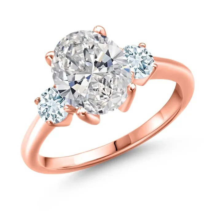 2.50 cttw IGI Certified Lab Grown Diamond and Sky Blue Aquamarine 3-Stone Engagement Ring For Women | 18K Rose Gold Plated Silver | Center 2.00 Ct Diamond | E-F Color | VS1-VS2 Clarity