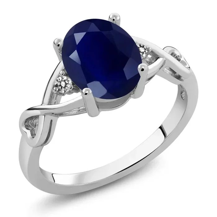 2.56 Cttw Blue Sapphire and White Diamond Engagement Ring For Women | 925 Sterling Silver | Gemstone Birthstone