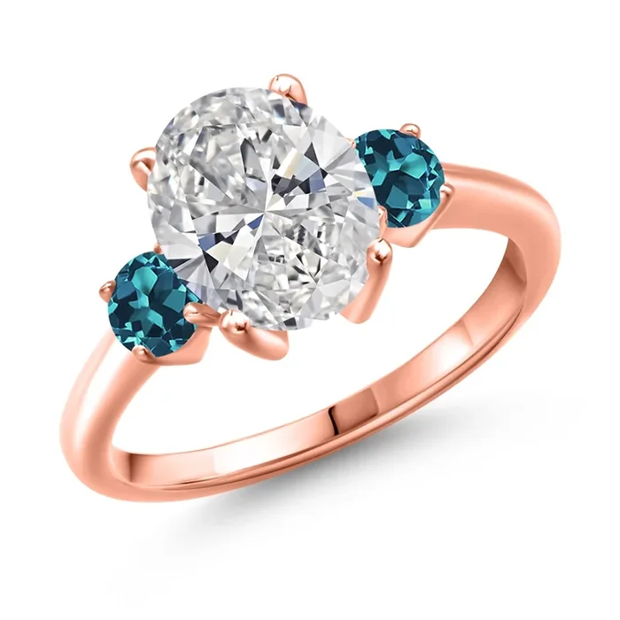 2.66 cttw IGI Certified Lab Grown Diamond and London Blue Topaz 3-Stone Engagement Ring For Women | 18K Rose Gold Plated Silver | Center 2.00 Ct Diamond | E-F Color | VS1-VS2 Clarity