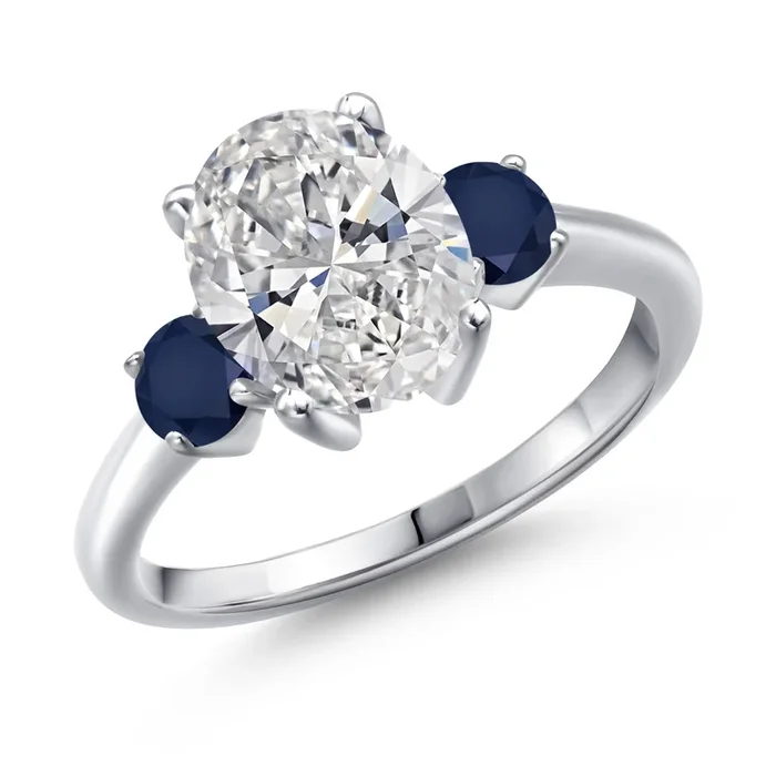 2.70 cttw IGI Certified Lab Grown Diamond and Blue Sapphire 3-Stone Engagement Ring For Women | 925 Sterling Silver | Center 2.00 Ct Diamond | E-F Color | VS1-VS2 Clarity