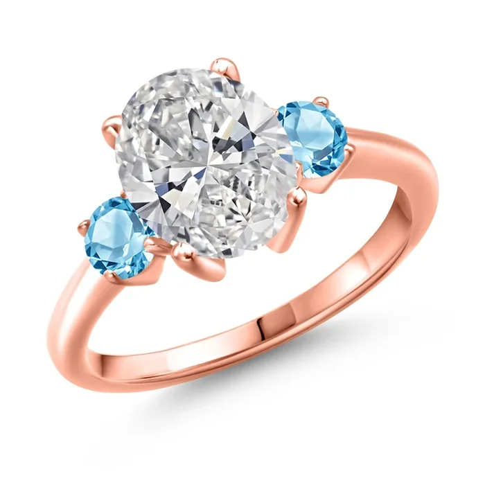 2.71 cttw IGI Certified Lab Grown Diamond and Swiss Blue Topaz 3-Stone Engagement Ring For Women | 18K Rose Gold Plated Silver | Center 2.00 Ct Diamond | E-F Color | VS1-VS2 Clarity