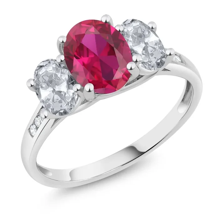 2 Cttw 10K White Gold Gemstone Birthstone White Topaz and Diamond Accents 3-Stone Wedding Anniversary Engagement Ring For Women | Oval 8X6MM and 6X4MM | Size 5-9