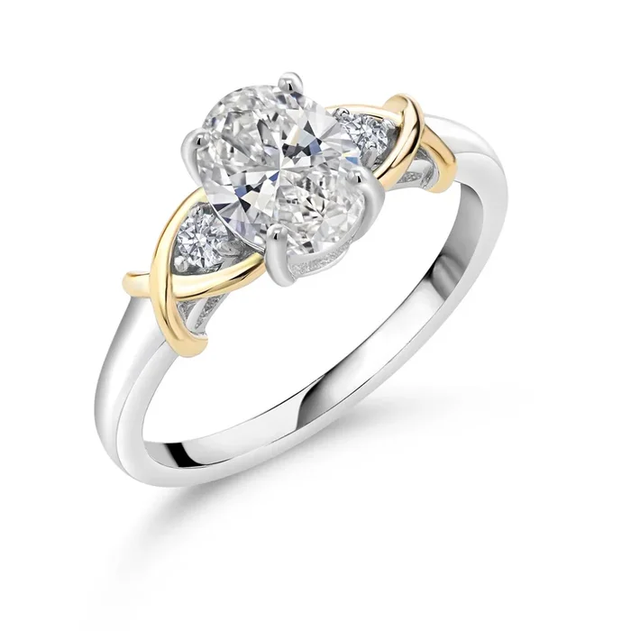 2 Tone 10K Yellow Gold and 925 Sterling Silver IGI Certified Lab Grown Diamond Ring For Women | 1.5 Ct Oval Cut | E-F Color | VS1-VS2 Clarity