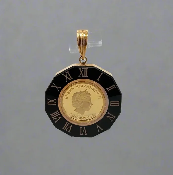 24K 1/25 oz Queen Elizabeth II Tuvalu 2020 Angel Coin + 18K Yellow Gold Black Roman Numeral Pendant