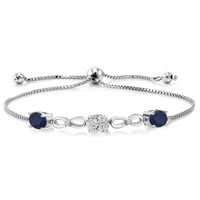 3.00 Cttw Lab Grown Diamond and Blue Sapphire Bracelet For Women | 925 Sterling Silver | Gemstone April Birthstone | Oval 7X5MM | Adjustable Bolo Bracelet For Women