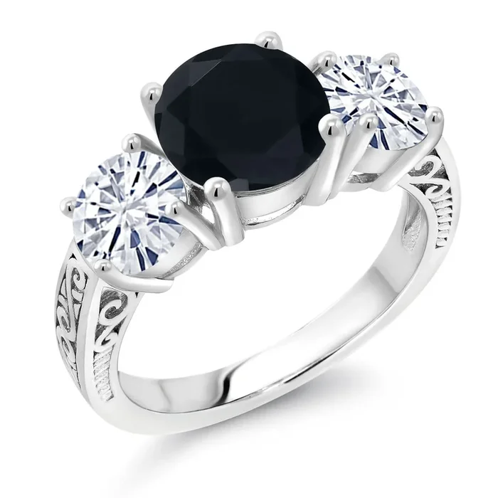 3.25 Cttw Black Onyx and White Moissanite 3-Stone Engagement Ring For Women | 925 Sterling Silver | Round 8MM | Gemstone December Birthstone