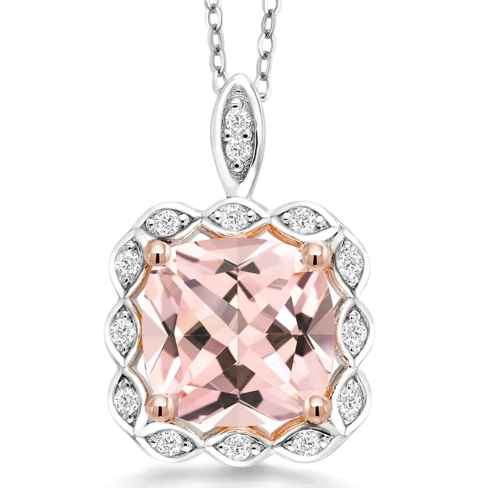 3-5 Cttw 10MM Cushion Gemstone Birthstone Halo Pendant Necklace For Women | 925 Two Tone Sterling Silver | With 18 Inch Silver Chain | Fine Jewelry Gifts for Her Mom Women Wife