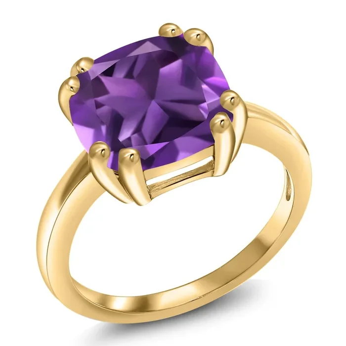 3-5 Cttw Gemstone Birthstone Double Prong Solitaire Ring for Women | 18K Yellow Gold Plated Silver | 10MM Cushion Cut | Fine Wedding Anniversary Engagement Promise Ring