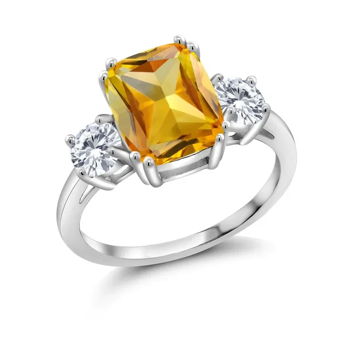 3.50 Cttw Yellow Citrine and White Moissanite 3-Stone Ring For Women | 925 Sterling Silver | Cushion Cut 10X8MM | Round 4.5MM | Gemstone Birthstone