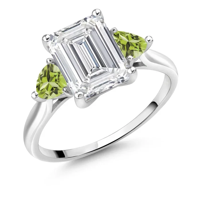 3.52 Cttw 10K White Gold IGI Certified VS Lab Grown Diamond & Green Peridot 3-Stone Engagement Ring For Women | Center Emerald Cut 3 Cttw | 4MM Trillion | Sizes 5-10