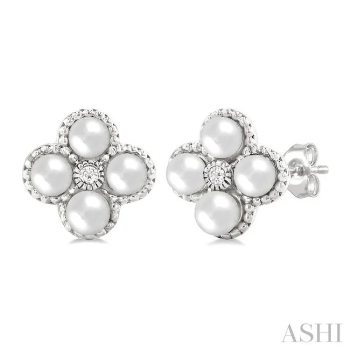 3 MM Clover Cultured Pearl and 1/50 Ctw Round Cut Diamond Fashion Earrings in 10K White Gold
