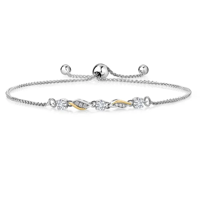 3-Stone Adjustable Bracelet for Women | 925 Silver and 10K Yellow Gold | Gemstone Birthstone and Lab Grown Diamond | Round 3MM | Two-Tone Adjustable Tennis Bracelet Up to 9 Inch