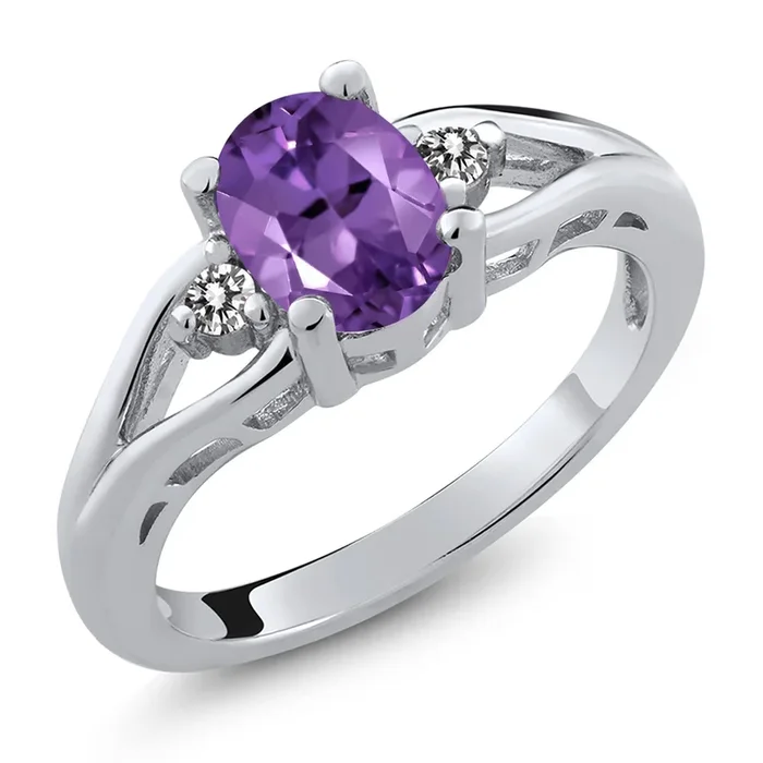 3-Stone Engagement Ring For Women | 925 Sterling Silver | Gemstone Birthstone and Diamond | Oval 8X6MM and Round 2MM | Three Stone Wedding Anniversary Promise Ring | Sizes 5-9