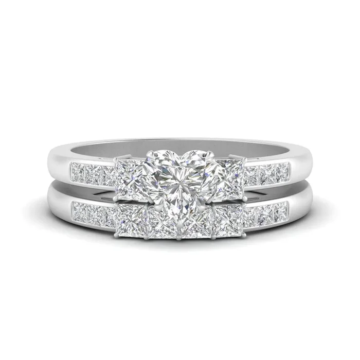 3 Stone Heart Shaped Channel Accent Bridal Set
