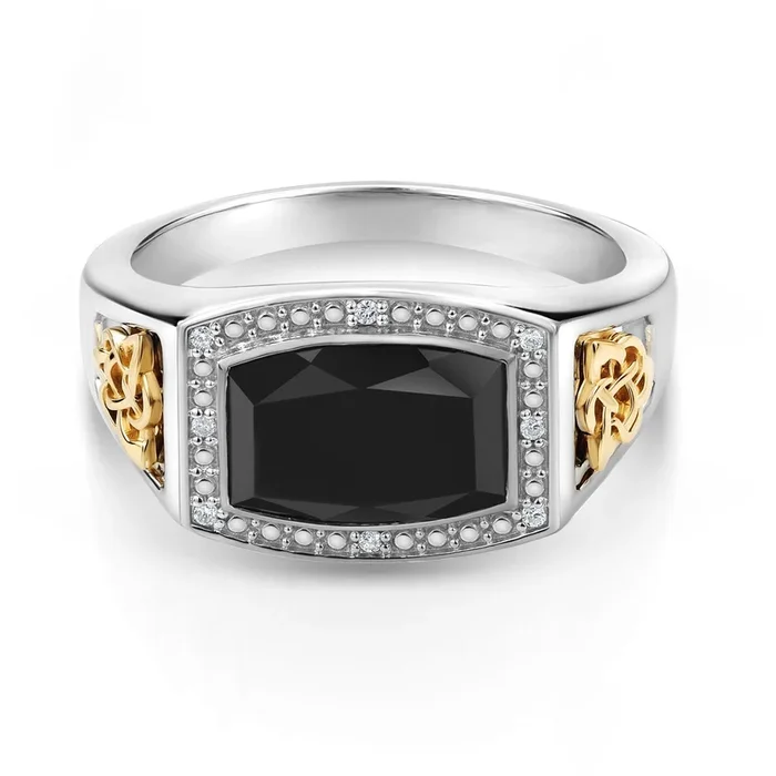 4.51 Cttw Black Onyx and White Lab Grown Diamond Ring For Men | 925 Silver and 10K Yellow Gold | Emerald Cut 11X8MM | Available In Size 7, 8, 9, 10, 11, 12, 13