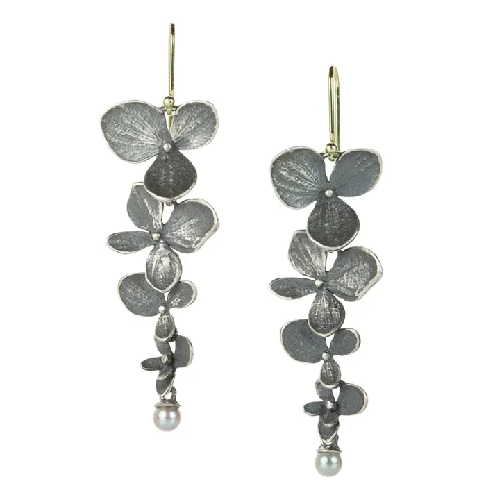 4 Part Oxidized Silver Hydrangea Pearl Earrings