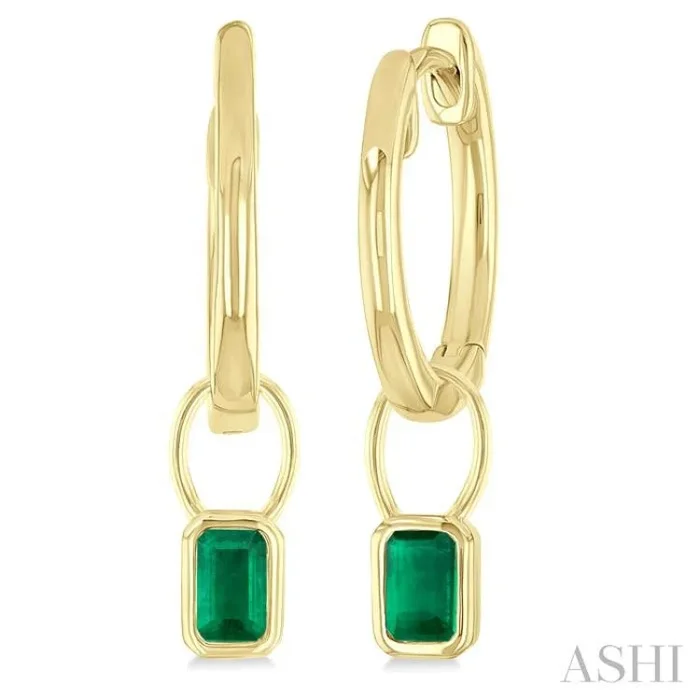 5×3 MM Bezel Set Emerald Precious Fashion Huggie Earrings in 14K Yellow Gold