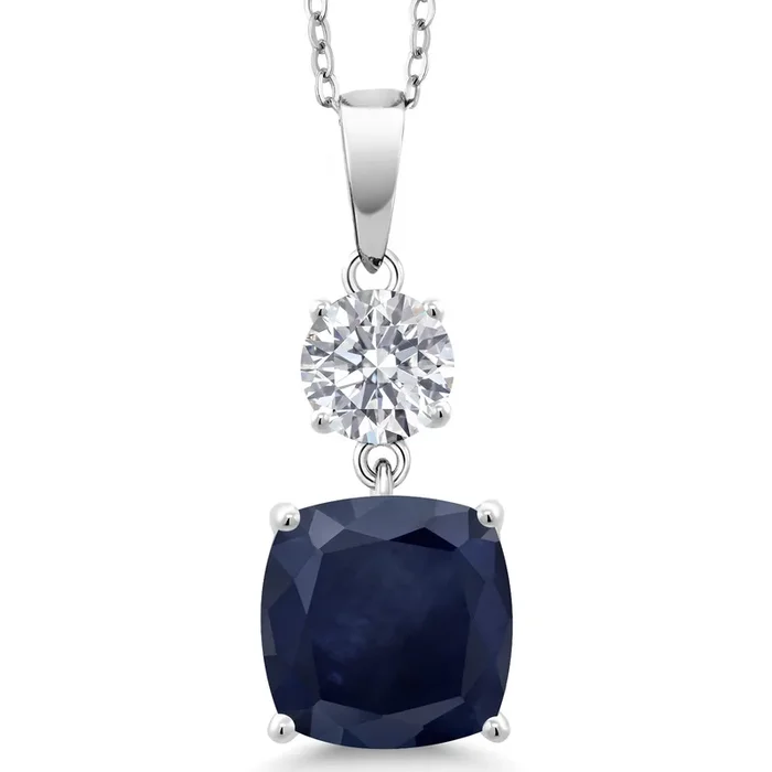 5.34 Cttw Blue Sapphire and White Lab Grown Diamond Pendant for Women | 925 Sterling Silver | Gemstone September Birthstone | Cushion 10MM | With 18 Inch Chain