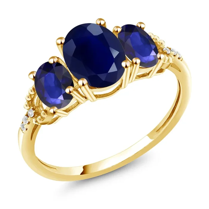 5.49 Cttw 10K Yellow Gold Blue Sapphire and White Diamond Accent 3-Stone Engagement Ring | Oval 8X6MM and 6X4MM | Three Stone Wedding Anniversary Promise Ring For Women