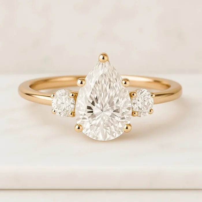 5 Claw Prong Pear Cut Three Stone Moissanite Engagement Ring