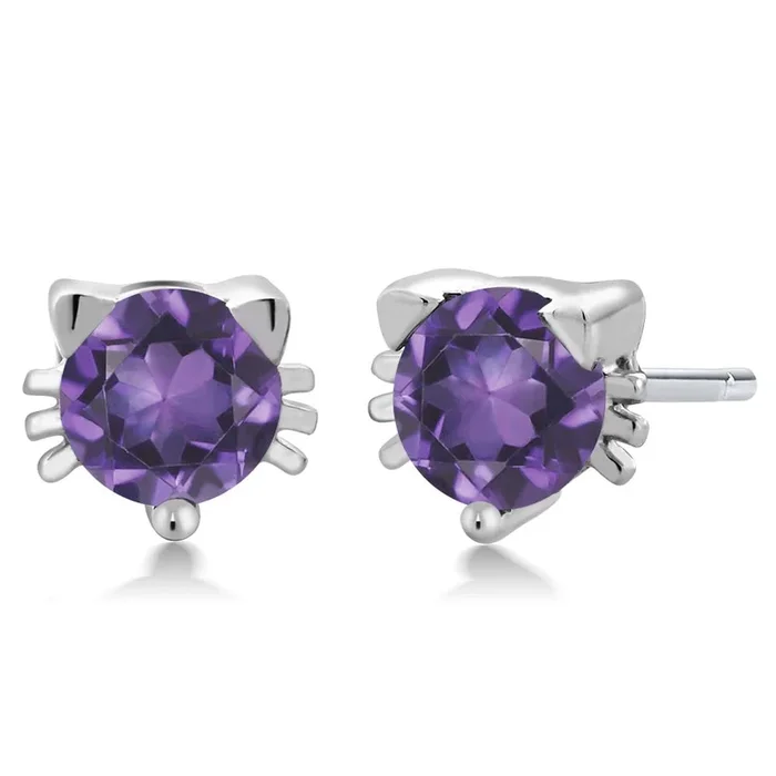 5MM Round Gemstone Birthstone Kitty Cat Stud Earrings | 925 Sterling Silver | Kitten Cat Earrings For Women Men Cat Lovers