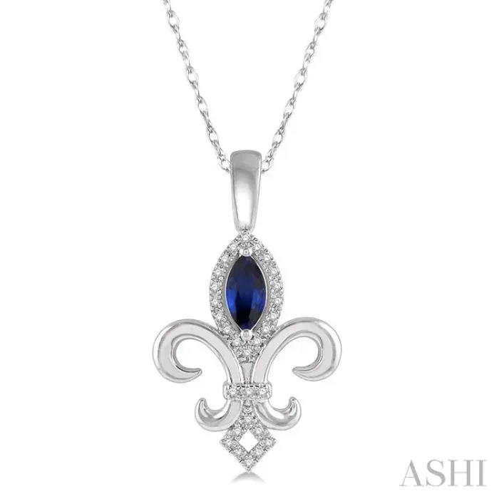 6×3 MM Marquise Shape Sapphire and 1/10 Ctw Round Cut Diamond Fleur De Lis Precious Pendant With Chain in 10K White Gold