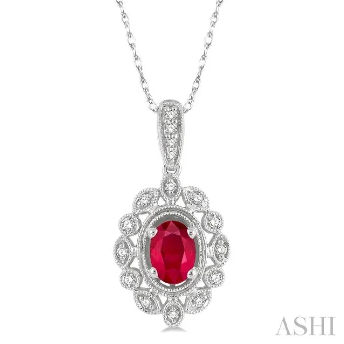 6×4 MM Oval Cut Ruby and 1/8 Ctw Lattice Round Cut Diamond Precious Pendant With Chain in 10K White Gold