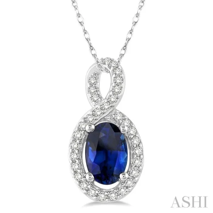 6×4 MM Oval Cut Sapphire and 1/10 Ctw Round Cut Diamond Pendant in 10K White Gold with Chain
