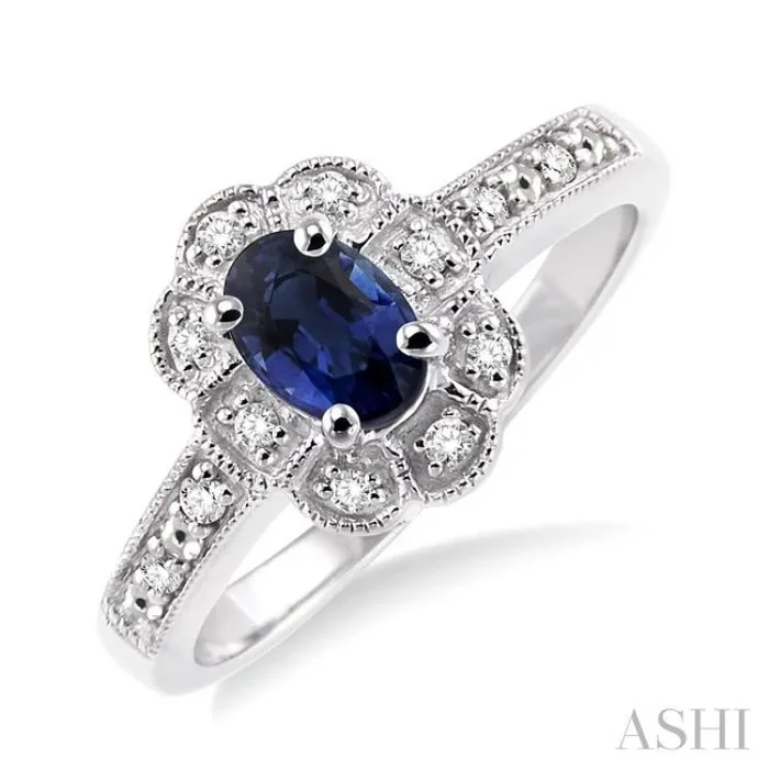6×4 MM Oval Cut Sapphire and 1/20 Ctw Single Cut Diamond Ring in Sterling Silver
