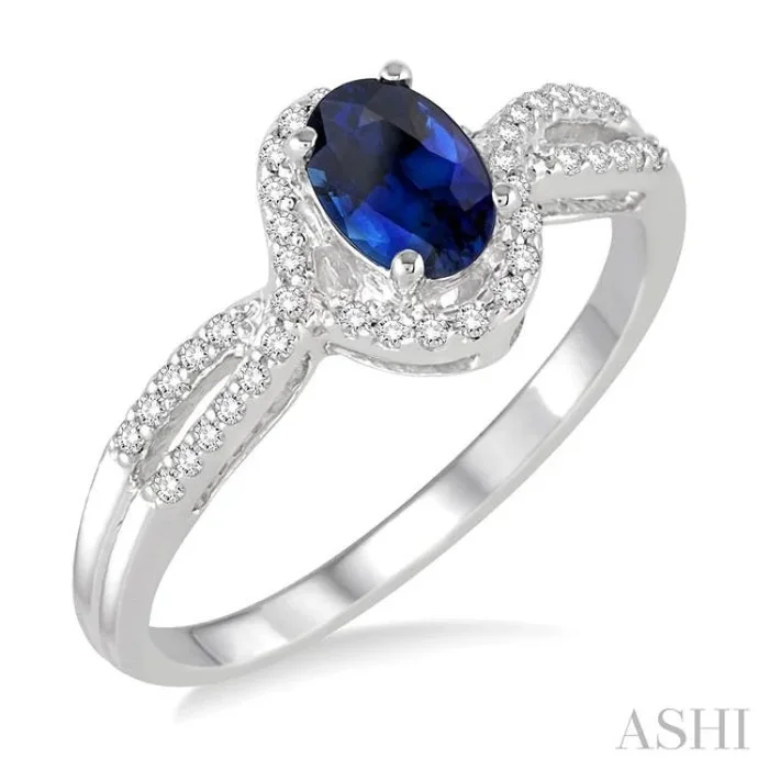 6×4 MM Oval Cut Sapphire and 1/6 Ctw Round Cut Diamond Ring in 10K White Gold