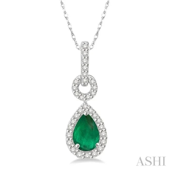 6×4 MM Pear Cut Drop Emerald and 1/6 Ctw Round Cut Diamond Precious Pendant in 10K White Gold with chain