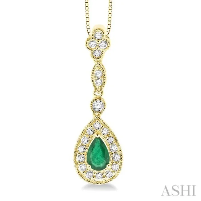 6×4 MM Pear Shape Emerald and 1/4 Ctw Round Cut Diamond Pendant in 14K Yellow Gold with Chain
