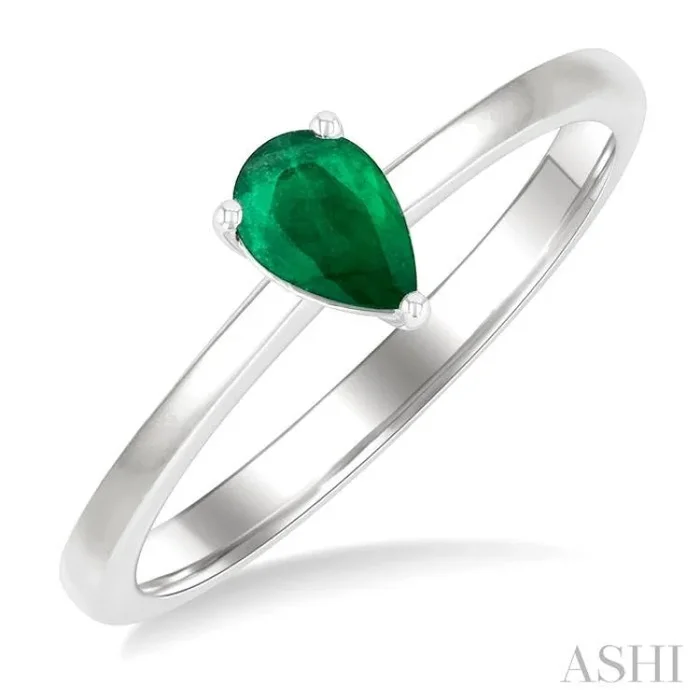 6×4 MM Pear Shape Emerald Precious Solitaire Ring in 14K White Gold