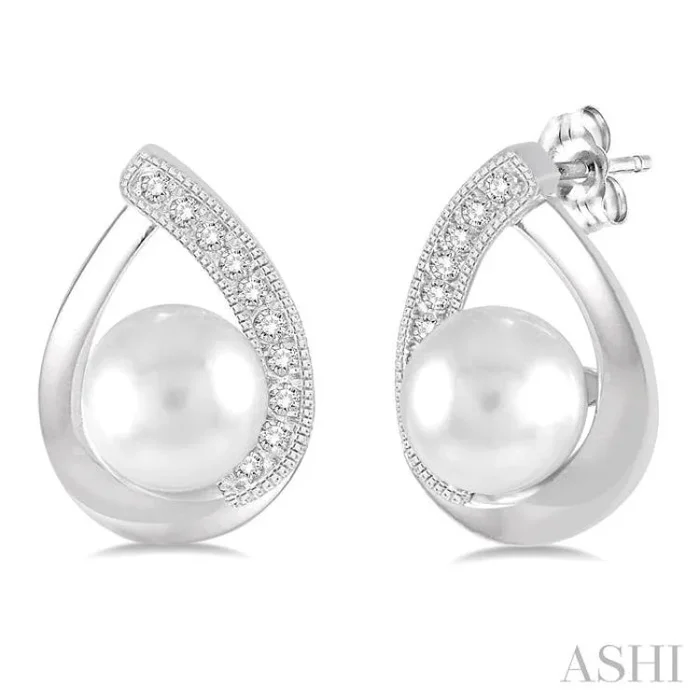 6×6 MM Cultured Pearls and 1/10 Ctw Single Cut Diamond Earrings in Sterling Silver