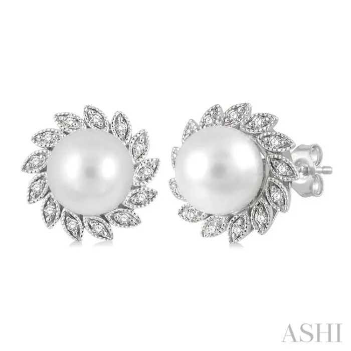 6×6 MM Round Shape Cultured Pearls and 1/10 Ctw Sunflower Round Cut Diamond Earrings in 10K White Gold