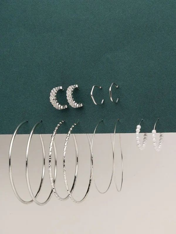 6 Pair Sparkling Big Hoop Silver Earrings