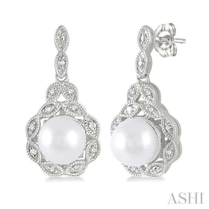 6X6 MM Cultured Pearl and 1/20 Ctw Single Cut Diamond Earrings in Sterling Silver