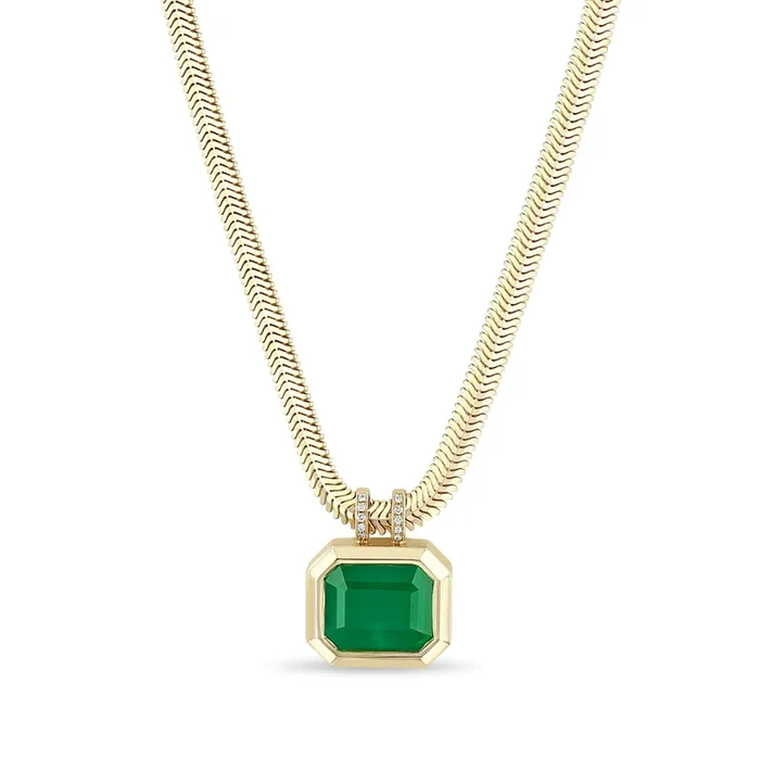 7.00 ctw Emerald Cut Emerald Bezel & Pavé Oval Snake Chain Necklace