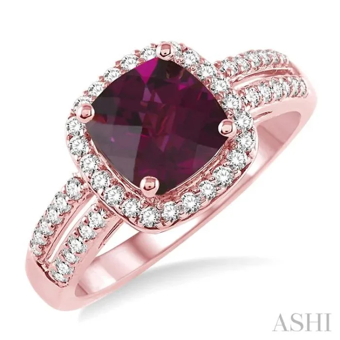 7×7 MM Cushion Shape Rhodolite Garnet and 1/3 Ctw Round Cut Diamond Ring in 14K Rose Gold